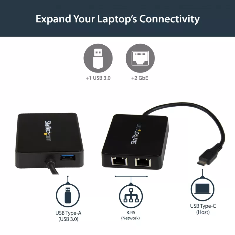StarTech.com USB-C uz divu Gigabit Ethernet adapteri ar USB (Type-A) portu