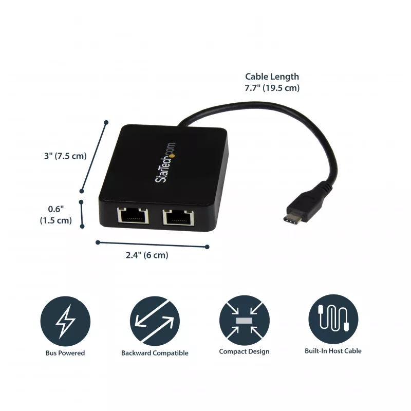 StarTech.com USB-C uz divu Gigabit Ethernet adapteri ar USB (Type-A) portu