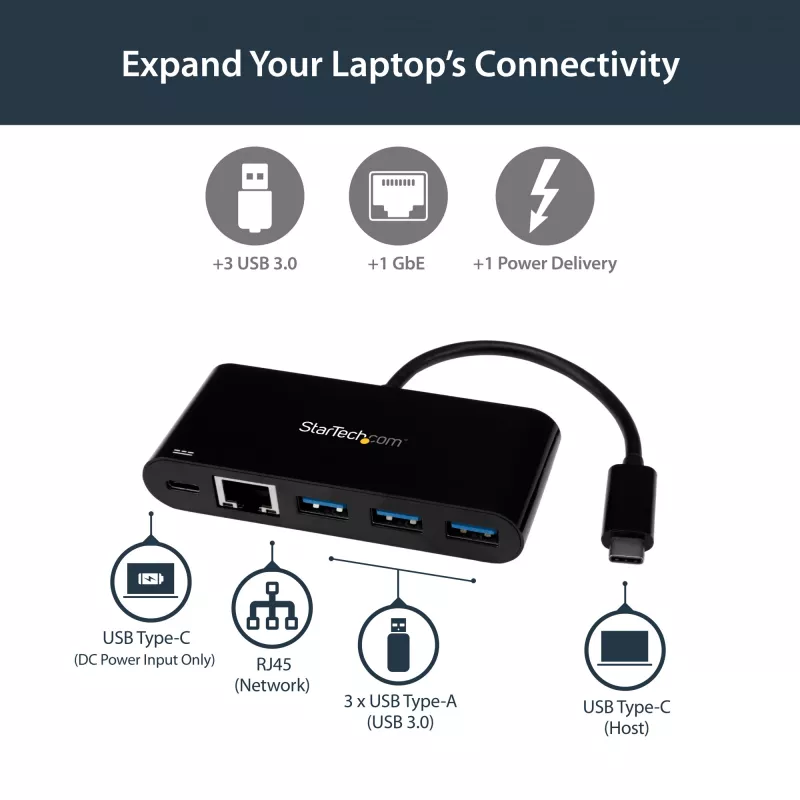 StarTech.com USB-C uz Ethernet adapteris ar 3 portu USB 3.0 centrmezglu un strāvas padevi