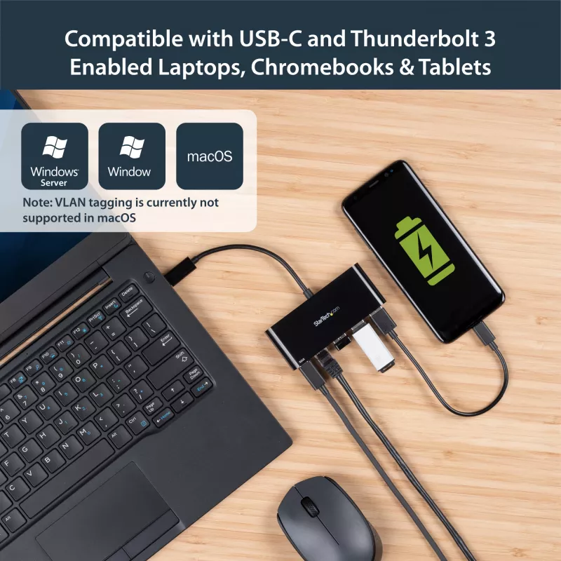 StarTech.com USB-C uz Ethernet adapteris ar 3 portu USB 3.0 centrmezglu un strāvas padevi