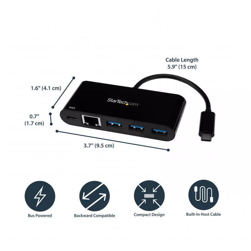 StarTech.com USB-C uz Ethernet adapteris ar 3 portu USB 3.0 centrmezglu un strāvas padevi