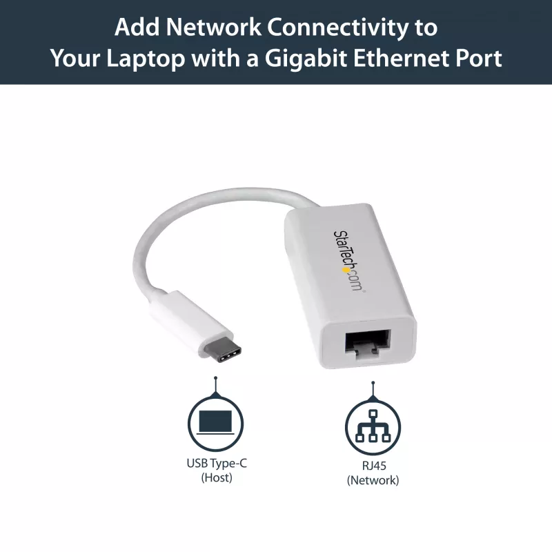 StarTech.com USB-C uz Gigabit tīkla adapteris - Balts, Vadu, USB Type-C, Ethernet, 5000 Mbit/s, Balts