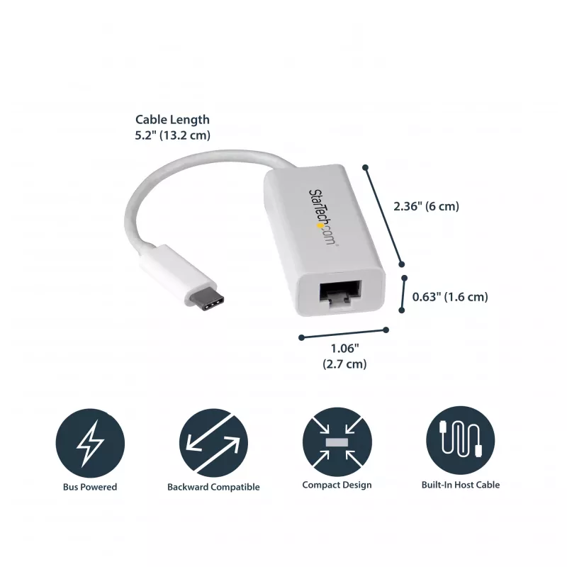 StarTech.com USB-C uz Gigabit tīkla adapteris - Balts, Vadu, USB Type-C, Ethernet, 5000 Mbit/s, Balts