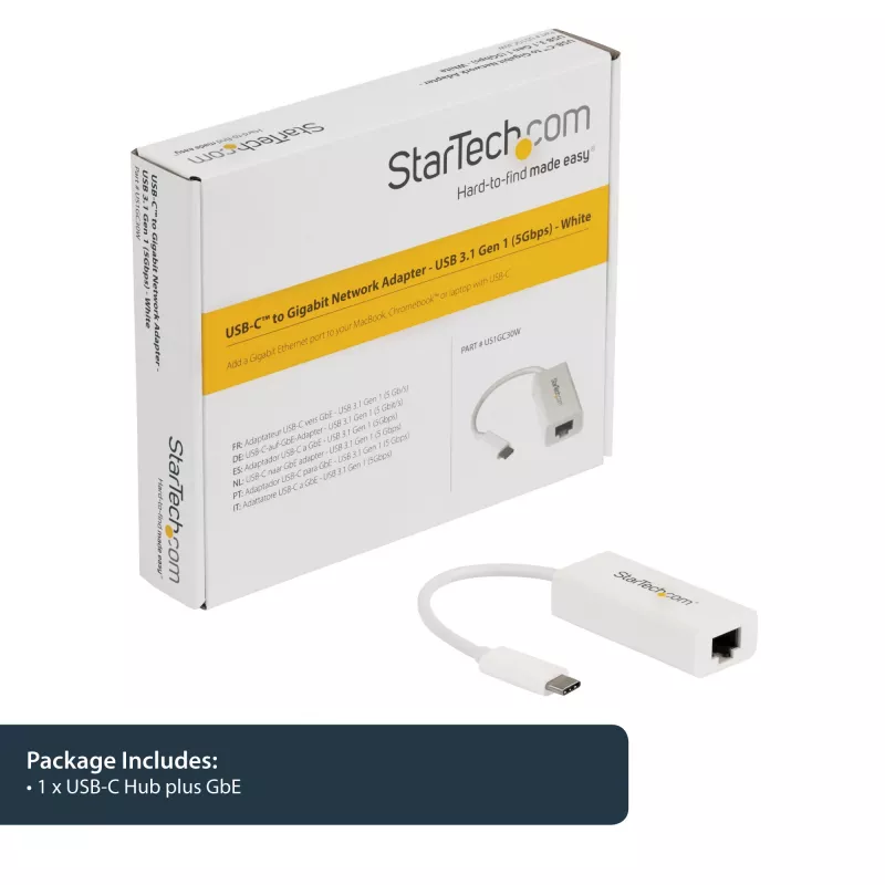 StarTech.com USB-C uz Gigabit tīkla adapteris - Balts, Vadu, USB Type-C, Ethernet, 5000 Mbit/s, Balts