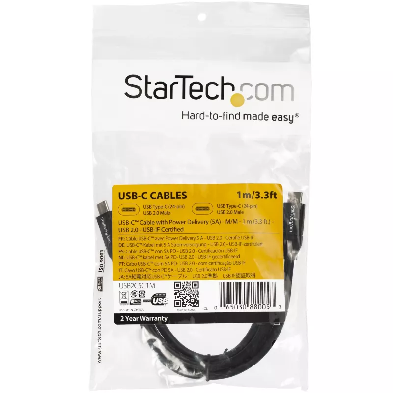StarTech.com USB-C uz USB-C kabelis ar 5 A PD – M/M – 1 m – USB 2.0 – USB-IF sertificēts