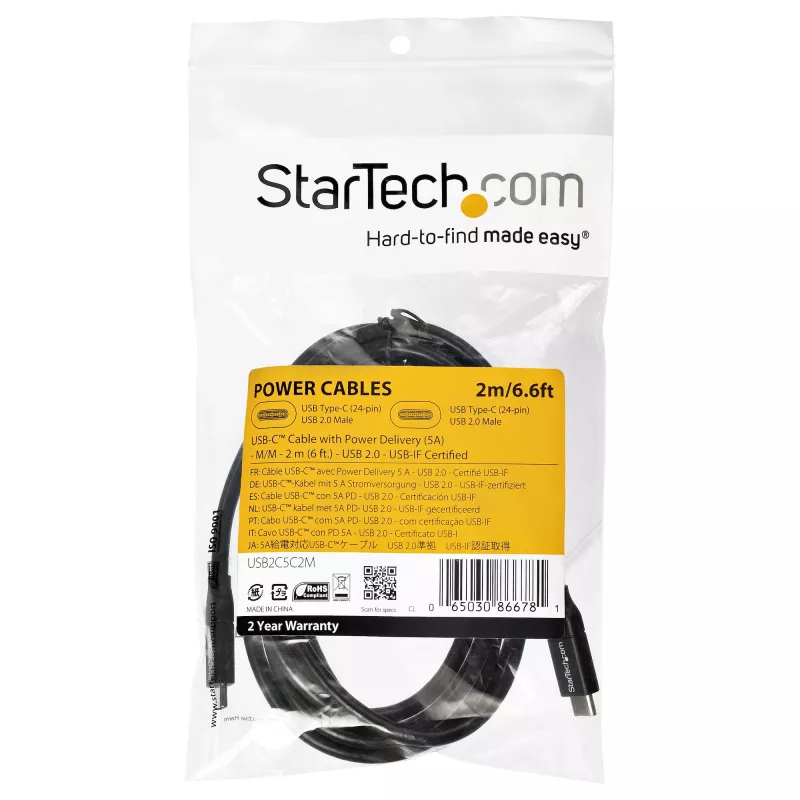StarTech.com USB-C uz USB-C kabelis ar 5A PD - M/M - 2 m (6 pēdas) - USB 2.0 - USB-IF sertificēts
