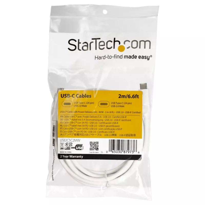 StarTech.com USB-C–USB-C kabelis ar 5 A PD – vīr./vīr. – balts – 2 m (6 pēdas) – USB 2.0 – USB-IF sertificēts