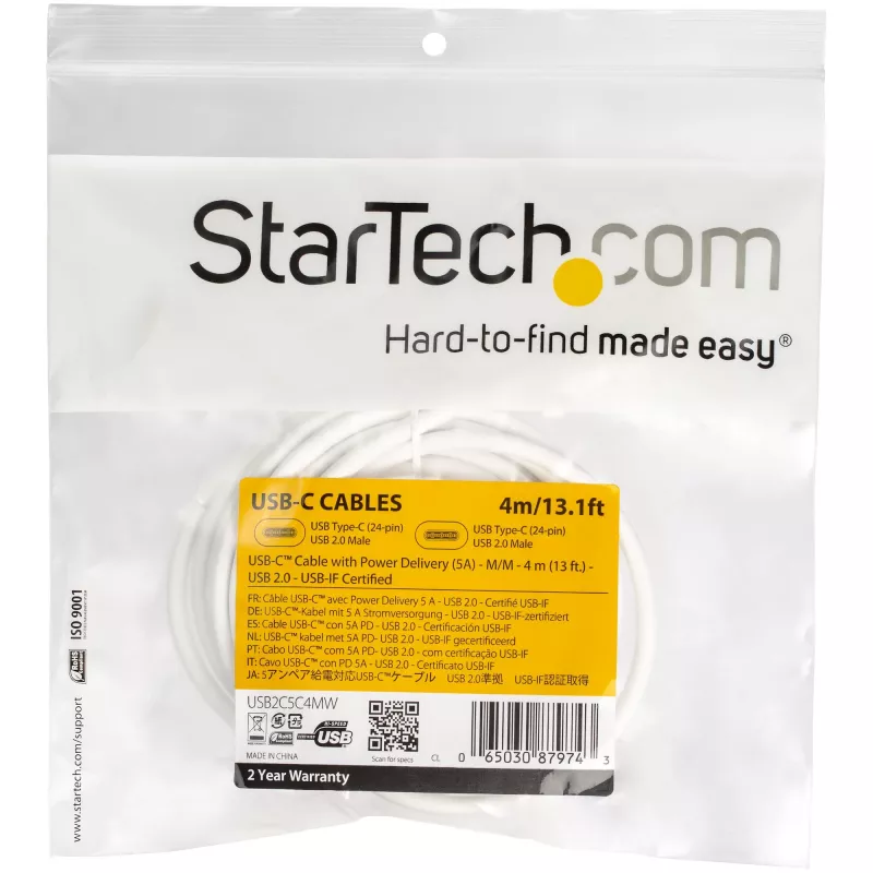 StarTech.com USB-C uz USB-C kabelis ar 5A PD - M/M - Balts - 4 m - USB 2.0 - USB-IF sertificēts