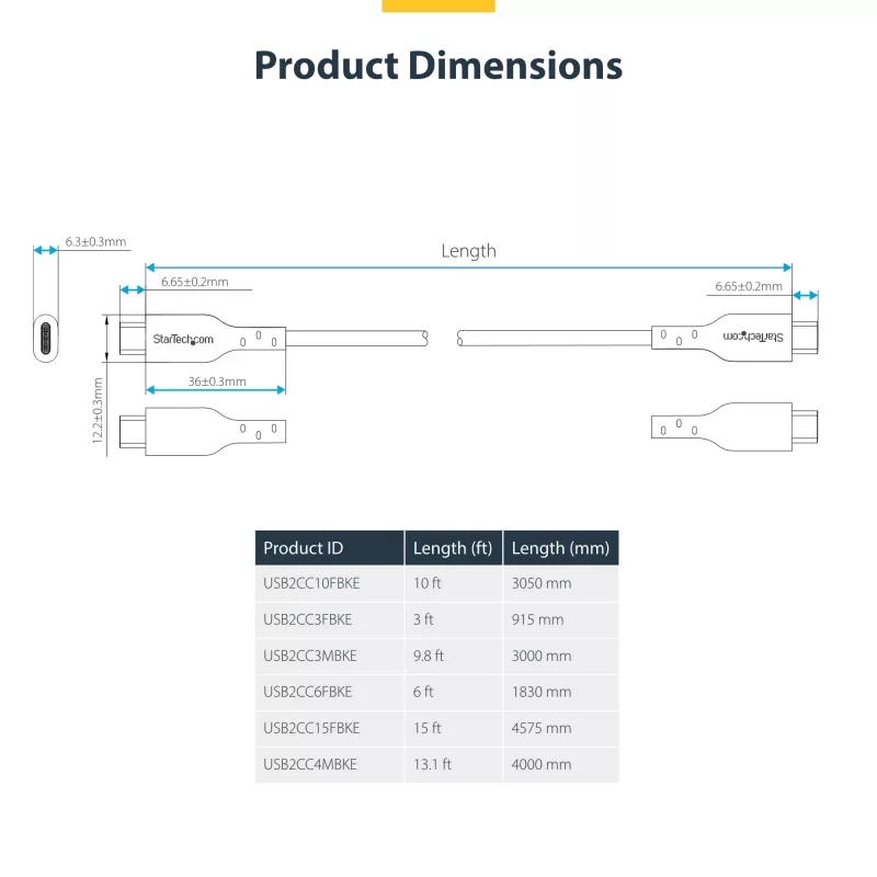 StarTech.com 3 m (9,8 pēdas) USB-C uzlādes kabelis, USB C kabelis, USB 2.0 Type-C klēpjdatora lādētāja vads, 60 W 3 A jaudas piegāde, TPE apvalks, USB-C datu pārsūtīšanas kabelis, M/M