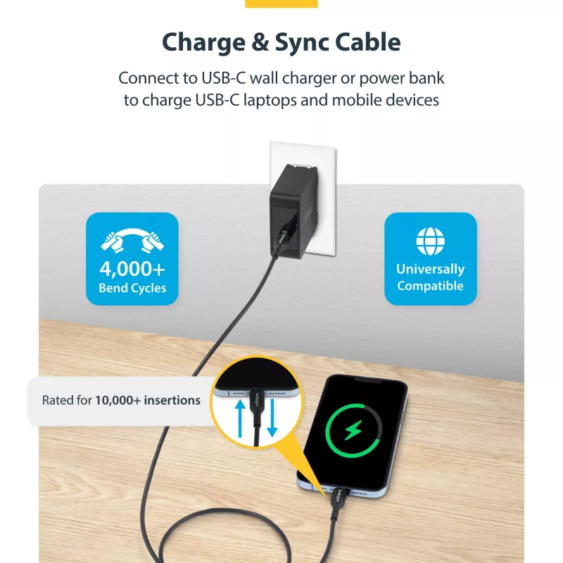 StarTech.com 3 m (9,8 pēdas) USB-C uzlādes kabelis, USB C kabelis, USB 2.0 Type-C klēpjdatora lādētāja vads, 60 W 3 A jaudas piegāde, TPE apvalks, USB-C datu pārsūtīšanas kabelis, M/M