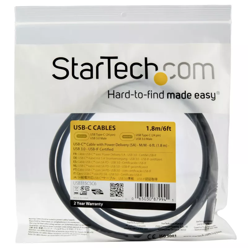 StarTech.com 6 pēdu (1,8 m) USB C uz USB C kabelis - 5 A, 100 W PD 3.0 - sertificēts darbam ar Chromebook - USB-IF sertificēts - vīrišķais/vīrišķais - USB 3.0 5 Gbit/s - USB C uzlādes kabelis - USB Type C kabelis