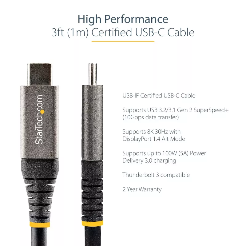 StarTech.com 3 pēdas (1 m) USB C kabelis 10 Gbps — USB-IF sertificēts USB-C kabelis — USB 3.1 Type-C kabelis — 100 W (5 A) Power Delivery uzlāde, DP Alt Mode — USB C uz C vads — uzlāde un sinhronizācija