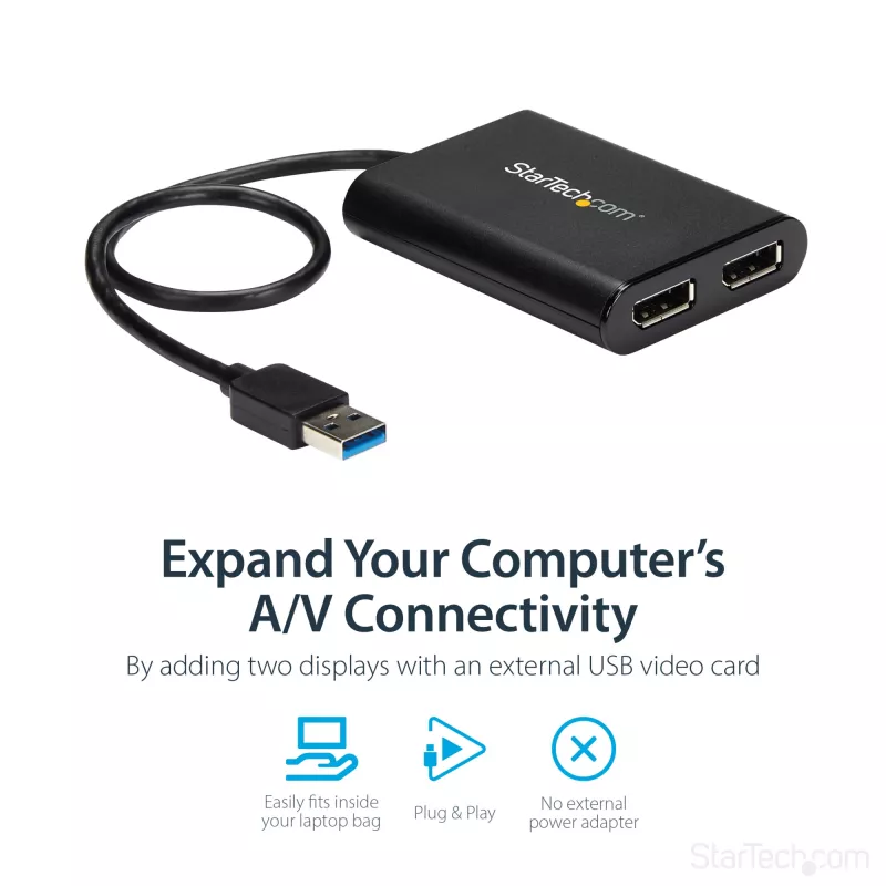 StarTech.com USB 3.0 uz diviem DisplayPort adapteriem - 4K 60Hz, 3.2 Gen 1 (3.1 Gen 1), USB Type-A, DisplayPort izeja, 4096 x 2160 pikseļi