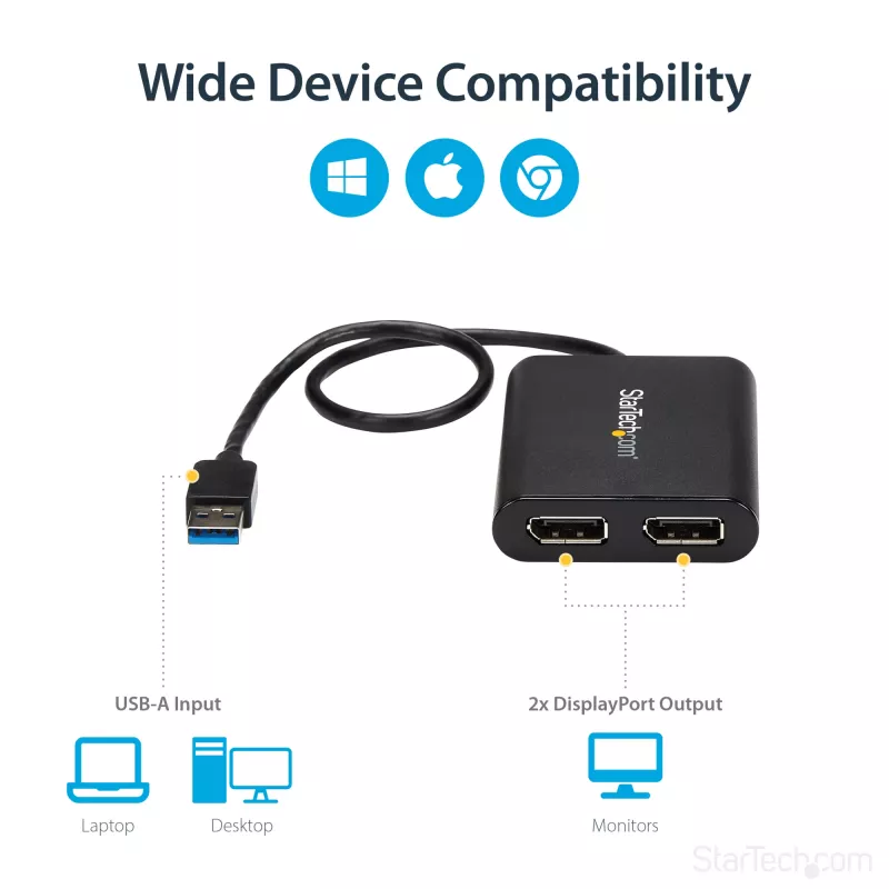 StarTech.com USB 3.0 uz diviem DisplayPort adapteriem - 4K 60Hz, 3.2 Gen 1 (3.1 Gen 1), USB Type-A, DisplayPort izeja, 4096 x 2160 pikseļi