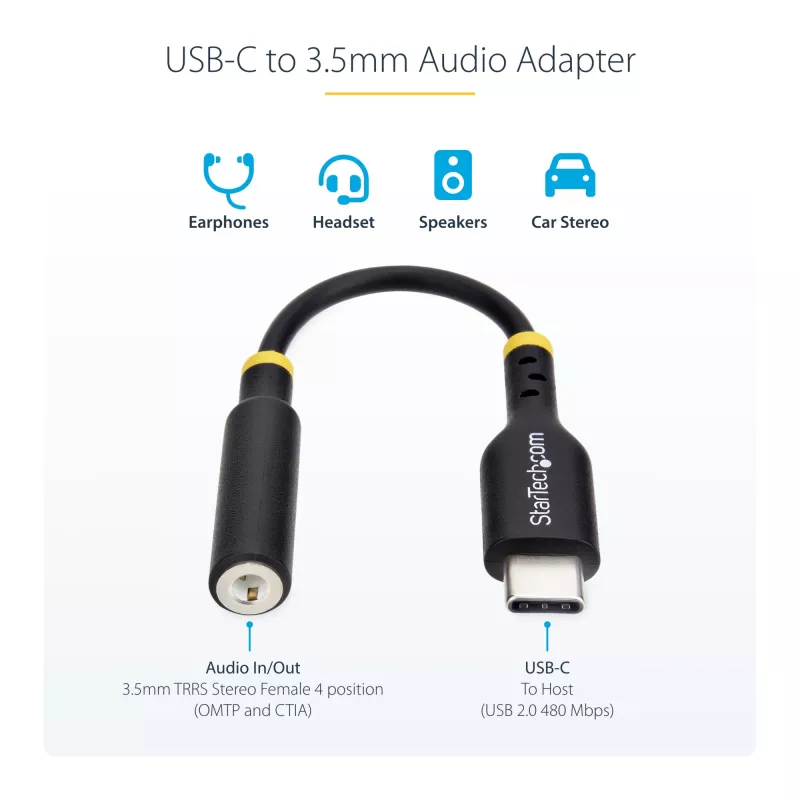 StarTech.com 5in (12.7cm) USB-C uz 3.5 mm TRRS austiņu/headset ligzdas audio adapteris, USB Type-C palīgierīce, 32 bitu DAC, atbalsta USB-C/Thunderbolt, klēpjdatoriem/tālruņiem/planšetdatoriem