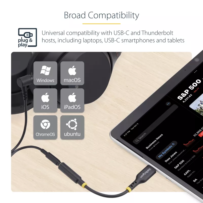 StarTech.com 5in (12.7cm) USB-C uz 3.5 mm TRRS austiņu/headset ligzdas audio adapteris, USB Type-C palīgierīce, 32 bitu DAC, atbalsta USB-C/Thunderbolt, klēpjdatoriem/tālruņiem/planšetdatoriem
