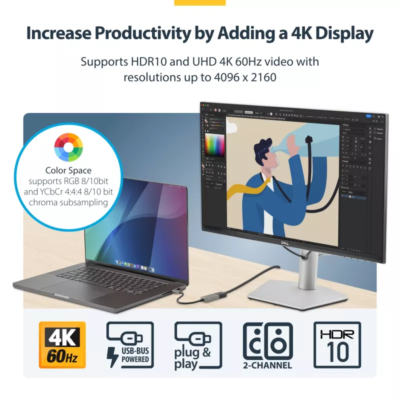 StarTech.com USB-C–HDMI adapteris, 4K 60Hz video, HDR10, USB-C–HDMI monitorspēļu pārveidotājs, USB4/Thunderbolt saderīgs