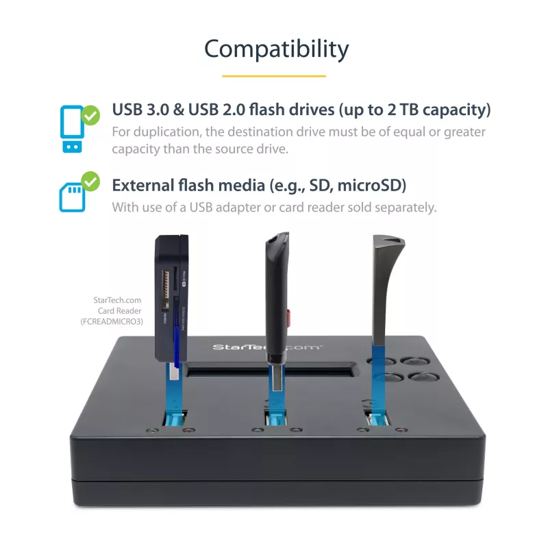 StarTech.com atsevišķs 1 uz 2 USB zibatmiņu dublikators un dzēsējs, vairāku USB zibatmiņu kopētājs, sistēmas un failu un visa diska kopēšana ar ātrumu 1,5 GB/min, vienreizēja un trīskārša dzēšana, LCD displejs - TAA