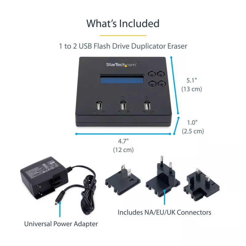 StarTech.com atsevišķs 1 uz 2 USB zibatmiņu dublikators un dzēsējs, vairāku USB zibatmiņu kopētājs, sistēmas un failu un visa diska kopēšana ar ātrumu 1,5 GB/min, vienreizēja un trīskārša dzēšana, LCD displejs - TAA