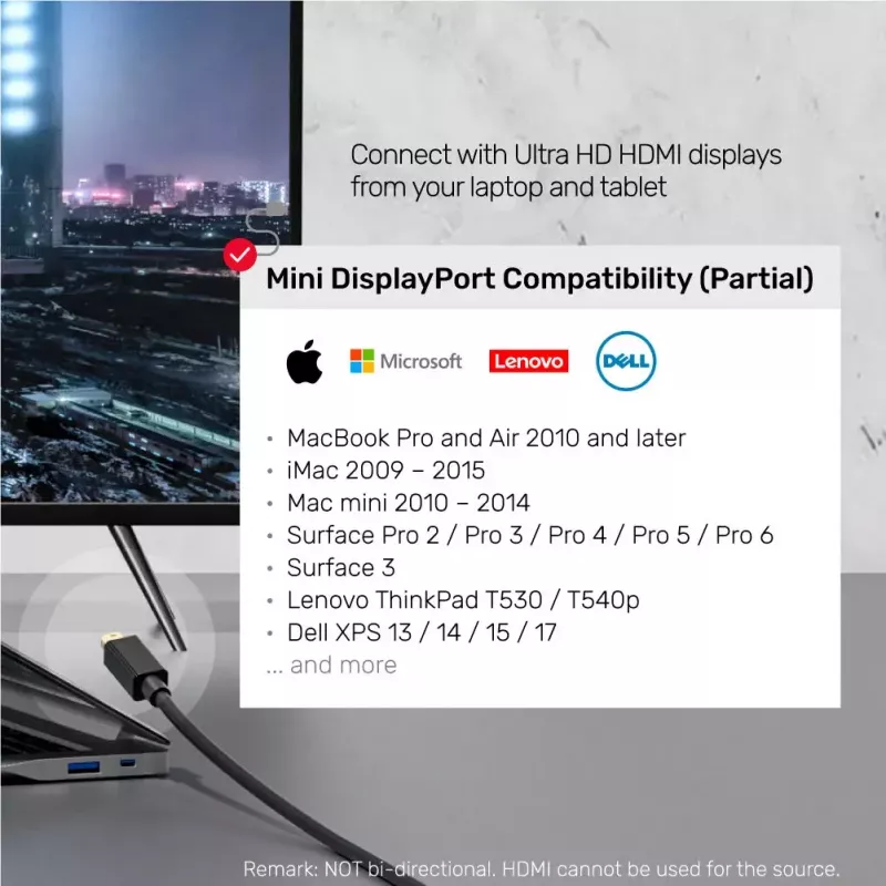 Video kabeļa adapteris Unitek Mini DisplayPort uz HDMI 2 m, HDMI 1.4, 4K@30Hz, HDCP 2.0, zeltīti kontakti, melns