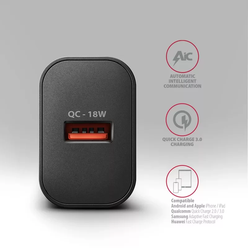 Axagon ACU-QC18 QC 3.0 1× OUTPUT sienas lādētājs 18W, iekštelpām, maiņstrāva, melns