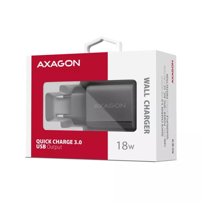 Axagon ACU-QC18 QC 3.0 1× OUTPUT sienas lādētājs 18W, iekštelpām, maiņstrāva, melns