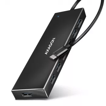 Axagon HUE-F7C 7x USB 3.2 Gen 1 ALU plakans centrmezgls micro strāvas IN 30cm USB-C USB 3.2 Gen 1 (3.1 Gen 1) Type-A 5000 Mbit/s Melns