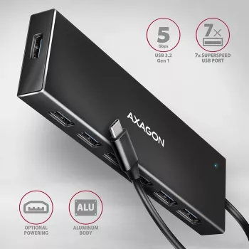 Axagon HUE-F7C 7x USB 3.2 Gen 1 ALU plakans centrmezgls micro strāvas IN 30cm USB-C USB 3.2 Gen 1 (3.1 Gen 1) Type-A 5000 Mbit/s Melns
