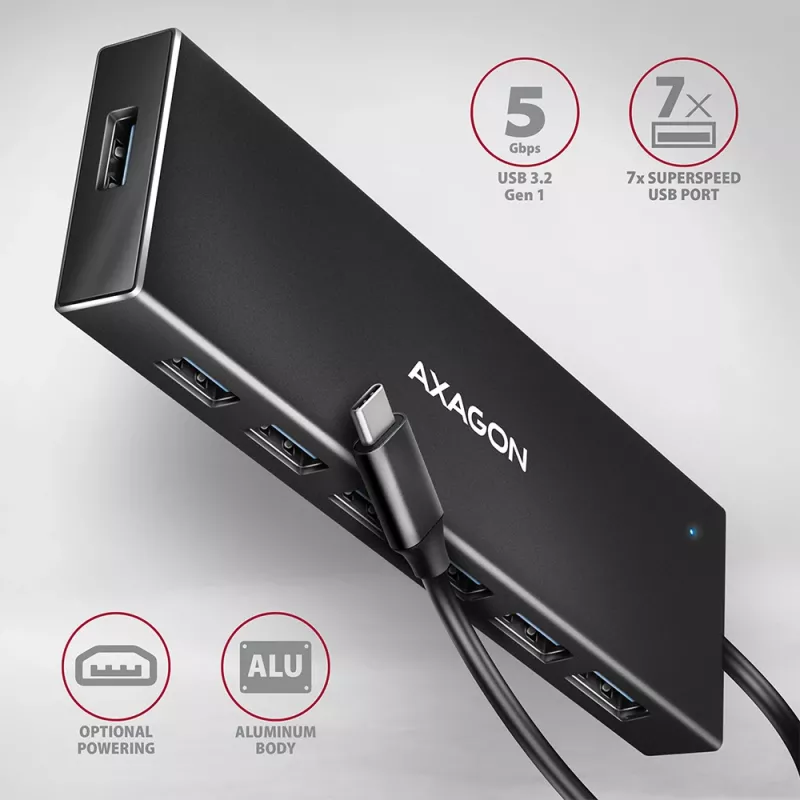 Axagon HUE-F7C 7x USB 3.2 Gen 1 ALU plakans centrmezgls micro strāvas IN 30cm USB-C USB 3.2 Gen 1 (3.1 Gen 1) Type-A 5000 Mbit/s Melns