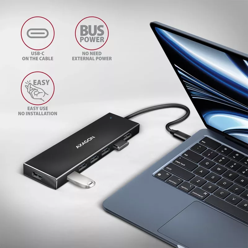 Axagon HUE-F7C 7x USB 3.2 Gen 1 ALU plakans centrmezgls micro strāvas IN 30cm USB-C USB 3.2 Gen 1 (3.1 Gen 1) Type-A 5000 Mbit/s Melns