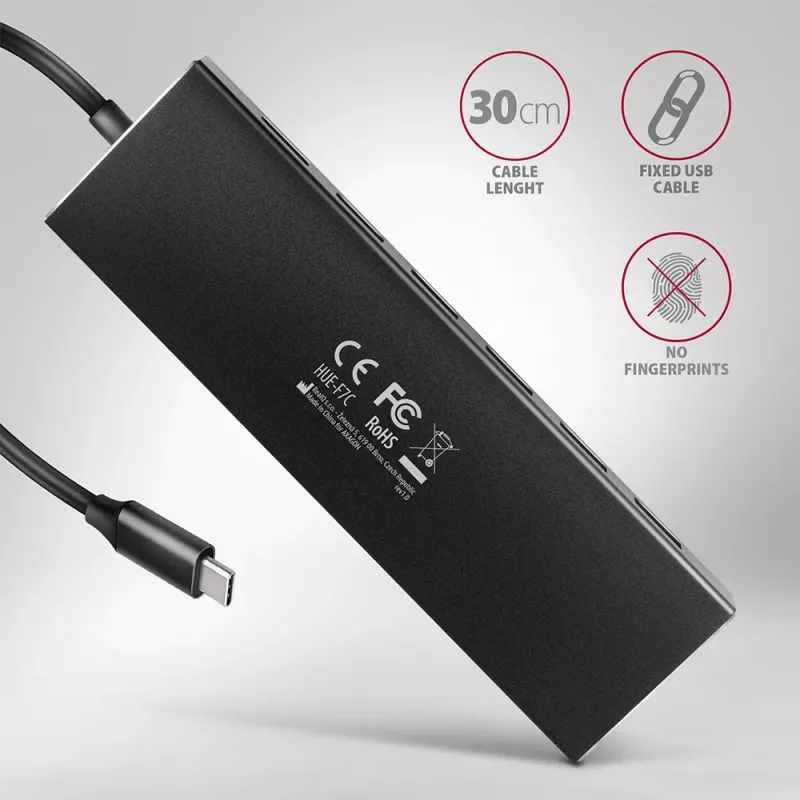 Axagon HUE-F7C 7x USB 3.2 Gen 1 ALU plakans centrmezgls micro strāvas IN 30cm USB-C USB 3.2 Gen 1 (3.1 Gen 1) Type-A 5000 Mbit/s Melns