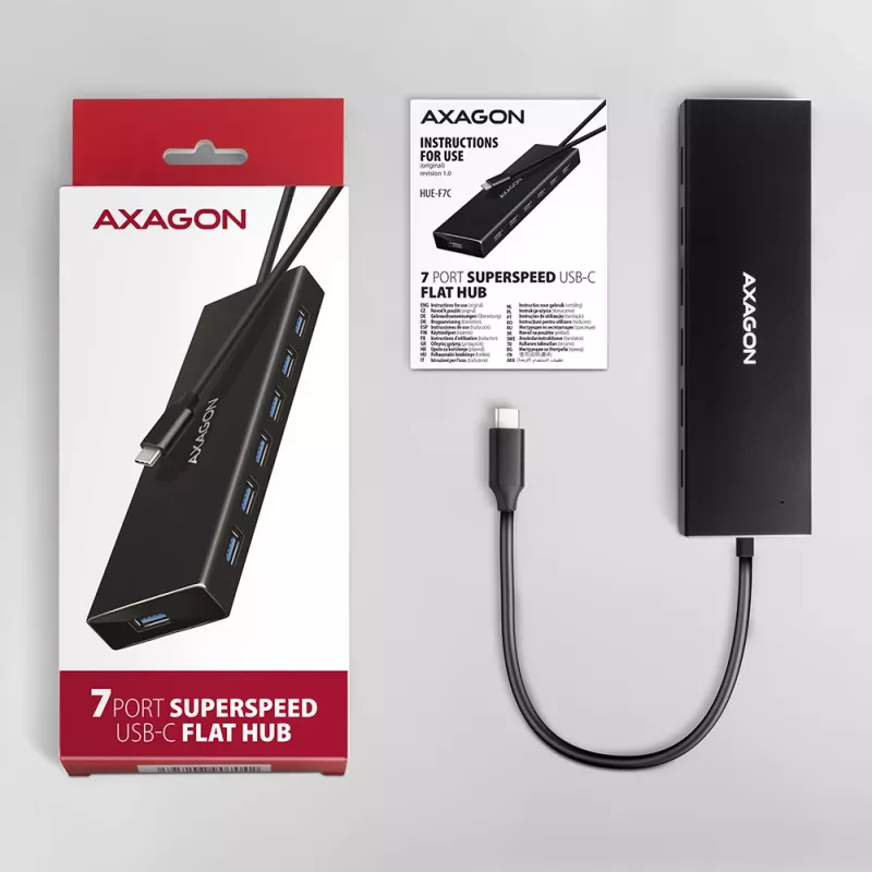 Axagon HUE-F7C 7x USB 3.2 Gen 1 ALU plakans centrmezgls micro strāvas IN 30cm USB-C USB 3.2 Gen 1 (3.1 Gen 1) Type-A 5000 Mbit/s Melns