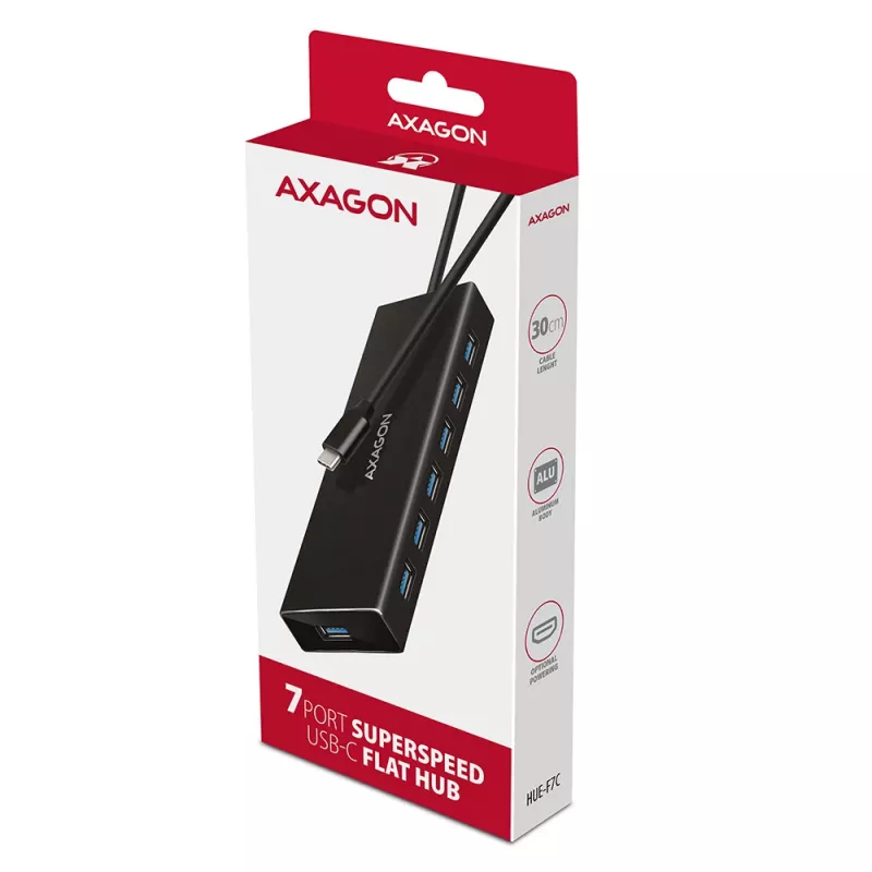 Axagon HUE-F7C 7x USB 3.2 Gen 1 ALU plakans centrmezgls micro strāvas IN 30cm USB-C USB 3.2 Gen 1 (3.1 Gen 1) Type-A 5000 Mbit/s Melns