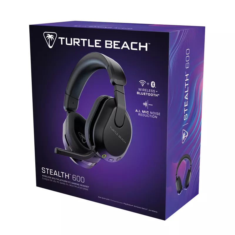 Turtle Beach Stealth 600 melnas bezvadu spēļu austiņas ar līdz pat 80 stundu akumulatoru, 50 mm skaļruņiem un Bluetooth priekš PC, PS5, PS4 un mobilajām ierīcēm