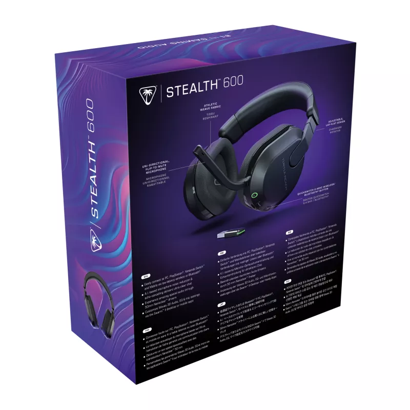 Turtle Beach Stealth 600 melnas bezvadu spēļu austiņas ar līdz pat 80 stundu akumulatoru, 50 mm skaļruņiem un Bluetooth priekš PC, PS5, PS4 un mobilajām ierīcēm