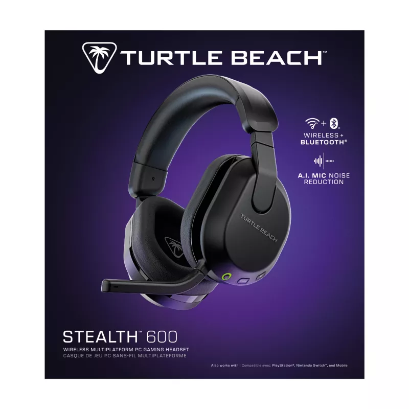 Turtle Beach Stealth 600 melnas bezvadu spēļu austiņas ar līdz pat 80 stundu akumulatoru, 50 mm skaļruņiem un Bluetooth priekš PC, PS5, PS4 un mobilajām ierīcēm