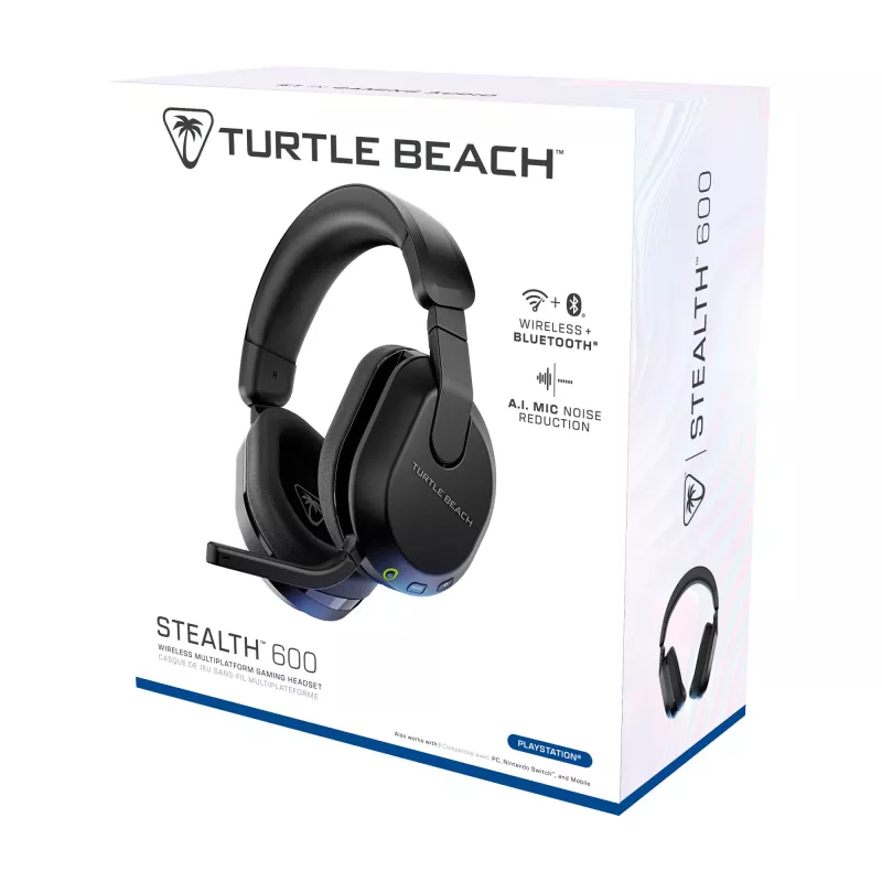 Turtle Beach Stealth 600 Melns PlayStation bezvadu spēļu austiņas ar līdz 80 stundu baterijas darbības laiku, 50 mm skaļruņiem un Bluetooth savienojumu PS5, PS4, PC un mobilajām ierīcēm