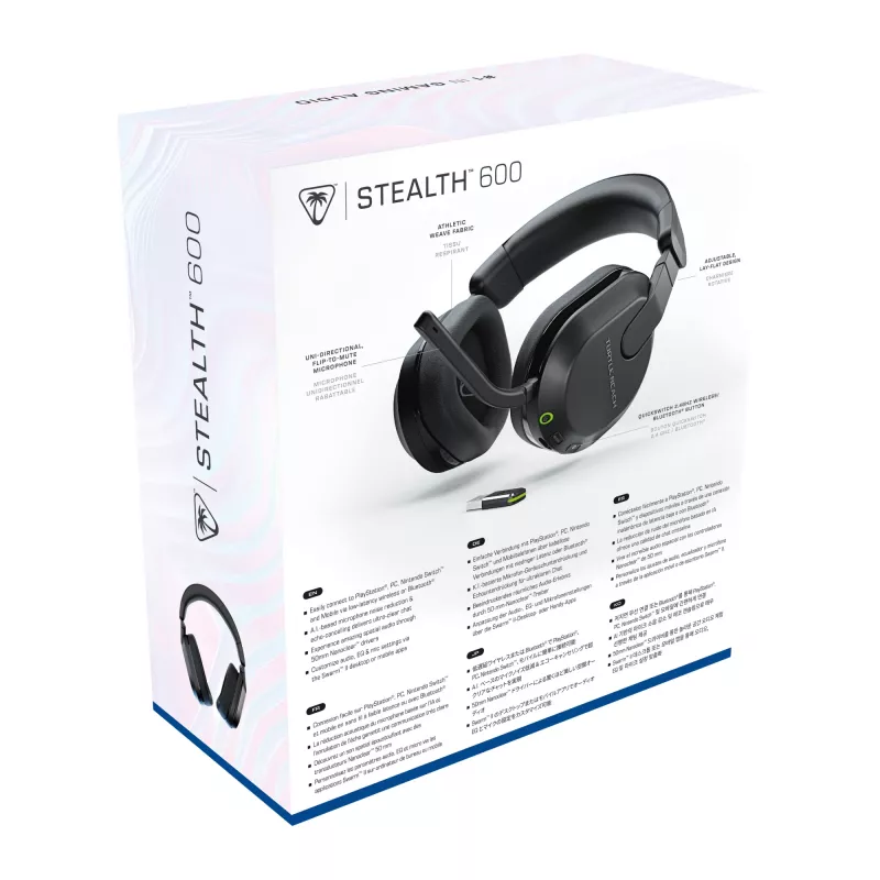 Turtle Beach Stealth 600 Melns PlayStation bezvadu spēļu austiņas ar līdz 80 stundu baterijas darbības laiku, 50 mm skaļruņiem un Bluetooth savienojumu PS5, PS4, PC un mobilajām ierīcēm