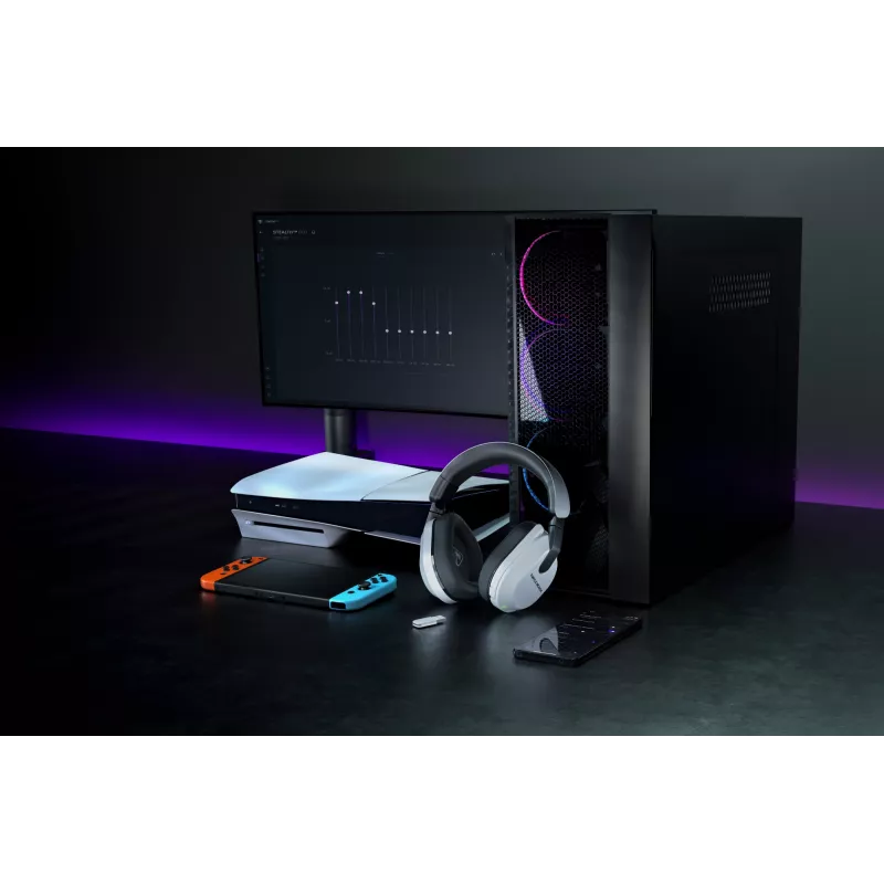 Turtle Beach Stealth 600 baltas PlayStation bezvadu spēļu austiņas ar līdz 80 stundu akumulatoru, 50 mm skaļruņiem un Bluetooth priekš PS5, PS4, PC un mobilajām ierīcēm