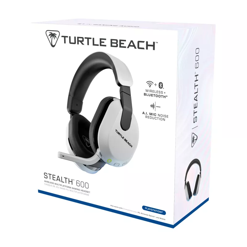 Turtle Beach Stealth 600 baltas PlayStation bezvadu spēļu austiņas ar līdz 80 stundu akumulatoru, 50 mm skaļruņiem un Bluetooth priekš PS5, PS4, PC un mobilajām ierīcēm