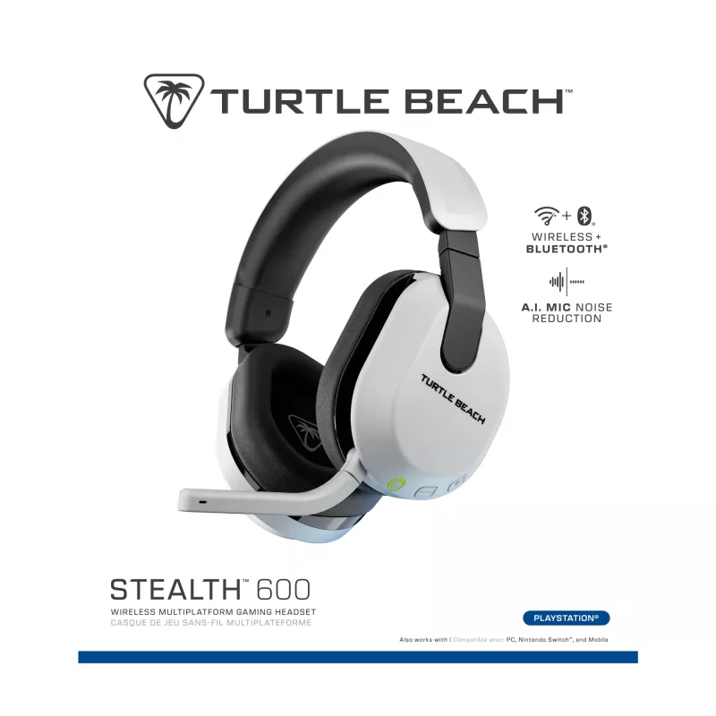 Turtle Beach Stealth 600 baltas PlayStation bezvadu spēļu austiņas ar līdz 80 stundu akumulatoru, 50 mm skaļruņiem un Bluetooth priekš PS5, PS4, PC un mobilajām ierīcēm