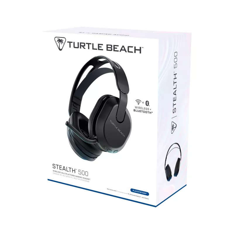 Turtle Beach Stealth 500 melnas bezvadu spēļu austiņas PlayStation ar līdz 40 stundu akumulatora darbību un Bluetooth savienojumu, piemērotas PS5, PS4, PC un mobilajām ierīcēm