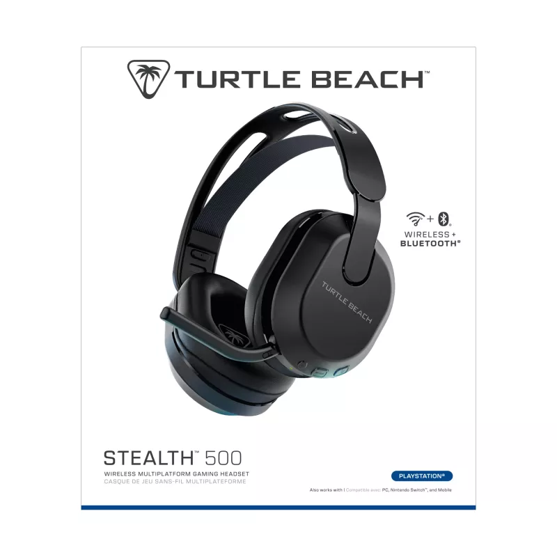 Turtle Beach Stealth 500 melnas bezvadu spēļu austiņas PlayStation ar līdz 40 stundu akumulatora darbību un Bluetooth savienojumu, piemērotas PS5, PS4, PC un mobilajām ierīcēm