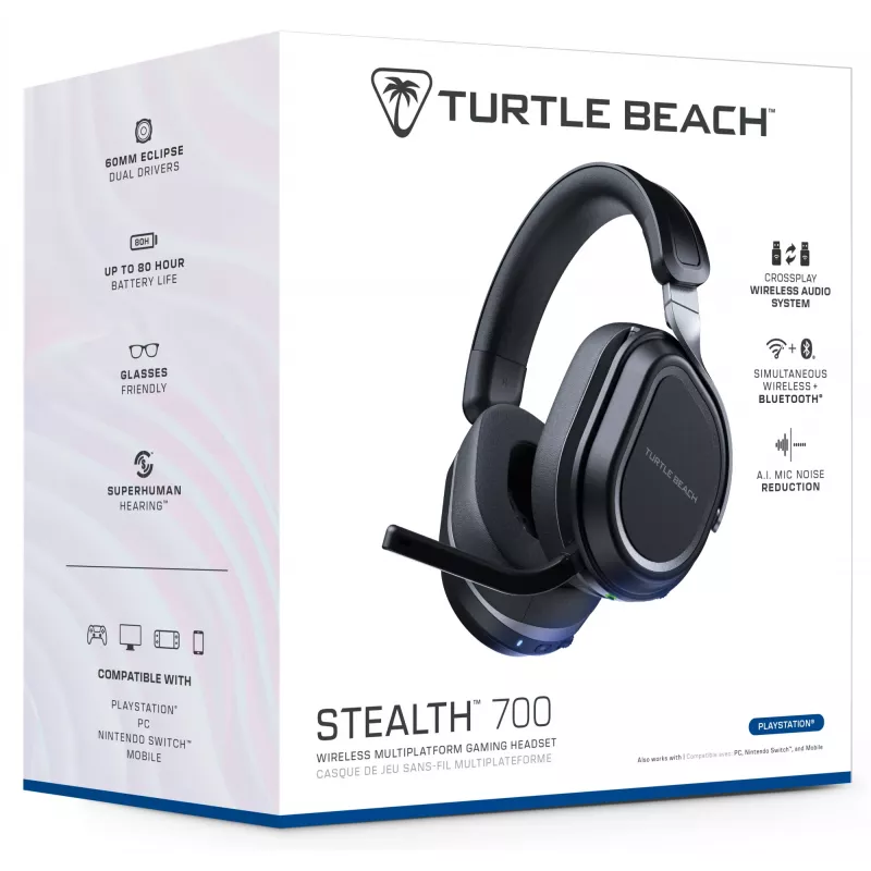 Turtle Beach Stealth 700 melnas PlayStation bezvadu spēļu austiņas ar līdz 80 stundu bateriju, Bluetooth, diviem raidītājiem un 60 mm skaļruņiem, paredzētas PS5, PS4, PC un mobilajām ierīcēm