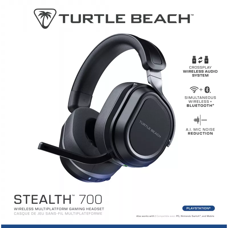 Turtle Beach Stealth 700 melnas PlayStation bezvadu spēļu austiņas ar līdz 80 stundu bateriju, Bluetooth, diviem raidītājiem un 60 mm skaļruņiem, paredzētas PS5, PS4, PC un mobilajām ierīcēm