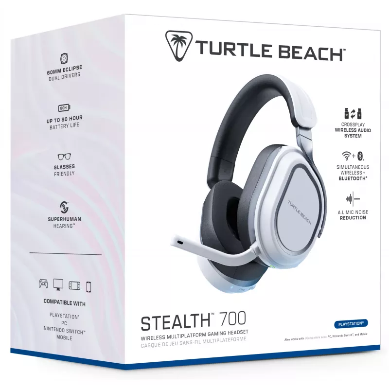 Turtle Beach Stealth 700 balta PlayStation bezvadu spēļu austiņas ar līdz 80 stundu baterijas darbības laiku, Bluetooth, diviem raidītājiem un 60 mm skaļruņiem, paredzētas PS5, PS4, PC un mobilajām ierīcēm