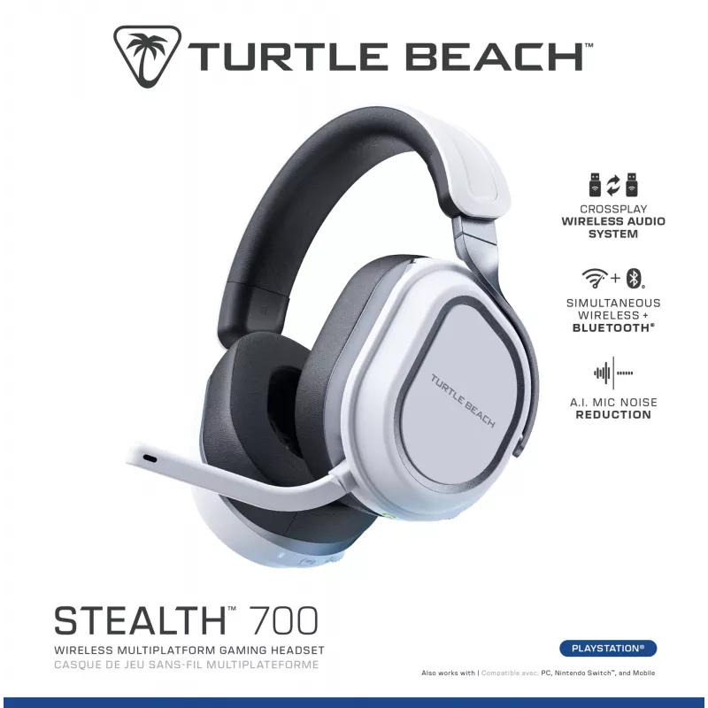 Turtle Beach Stealth 700 balta PlayStation bezvadu spēļu austiņas ar līdz 80 stundu baterijas darbības laiku, Bluetooth, diviem raidītājiem un 60 mm skaļruņiem, paredzētas PS5, PS4, PC un mobilajām ierīcēm