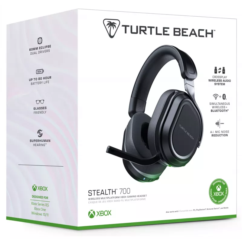 Turtle Beach Stealth 700 melns Xbox bezvadu spēļu austiņu komplekts ar 80 stundu bateriju, Bluetooth, diviem raidītājiem un 60 mm skaļruņiem Xbox Series X vai S, Xbox One, PC un mobilajām ierīcēm