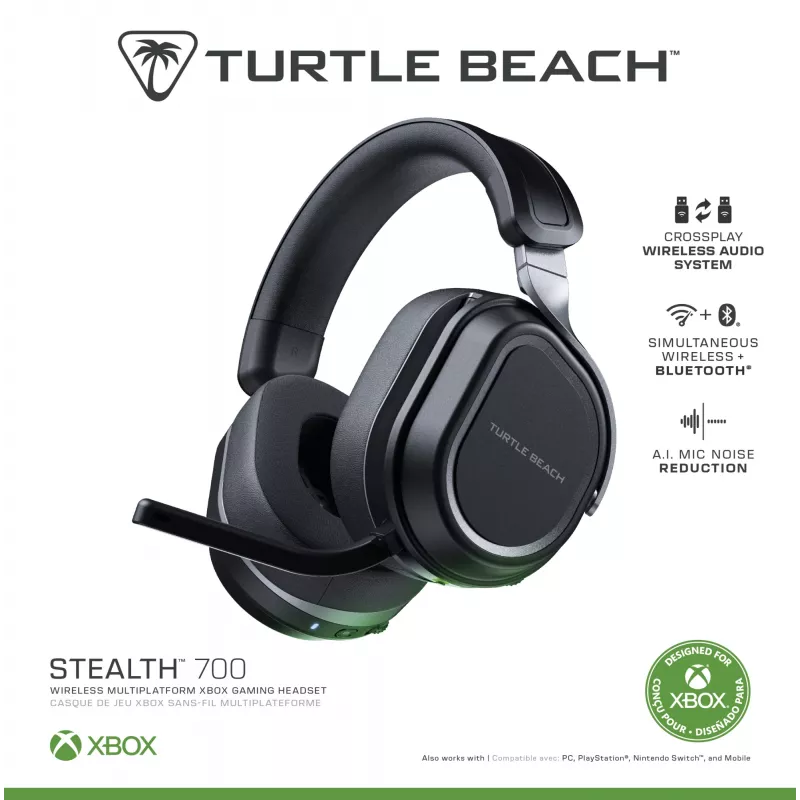 Turtle Beach Stealth 700 melns Xbox bezvadu spēļu austiņu komplekts ar 80 stundu bateriju, Bluetooth, diviem raidītājiem un 60 mm skaļruņiem Xbox Series X vai S, Xbox One, PC un mobilajām ierīcēm