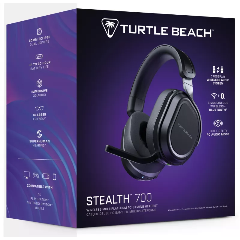 Turtle Beach Stealth 700 melna datora bezvadu spēļu austiņa ar līdz 80 stundu bateriju, Bluetooth, diviem raidītājiem un 60 mm skaļruņiem datoram, PS5, PS4 un mobilajām ierīcēm